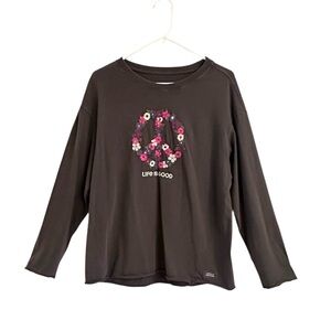 Life Is Good Crusher Long Sleeve T-Shirt Floral Peace Sign Raw Edge Sz Med